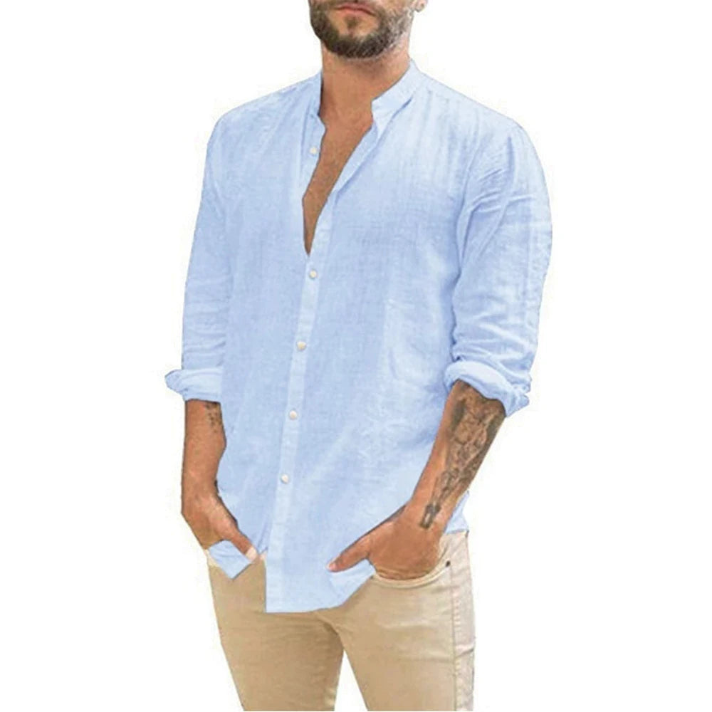 Chemises en lin à manches longues pour hommes, Couleur unie