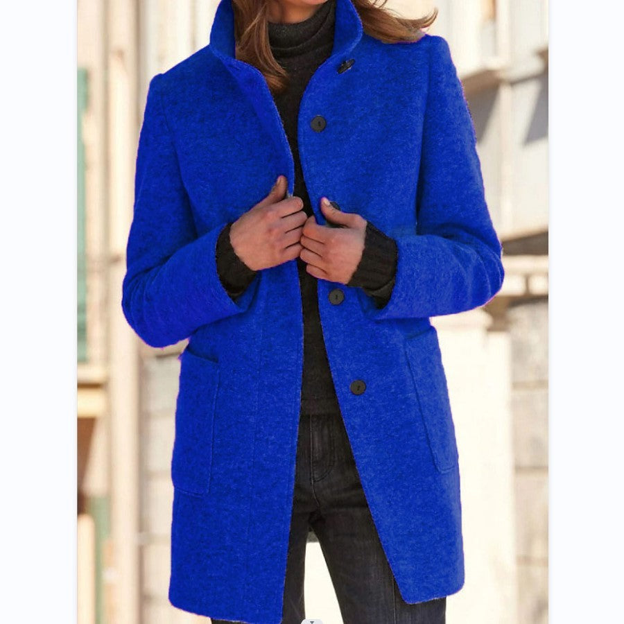 Manteau en laine élégant avec col montant et poches pratiques, parfait pour l'automne et l'hiver