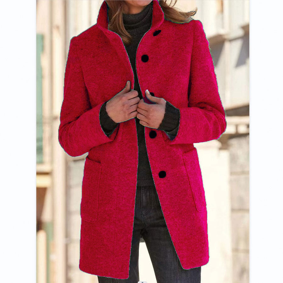Manteau en laine élégant avec col montant et poches pratiques, parfait pour l'automne et l'hiver