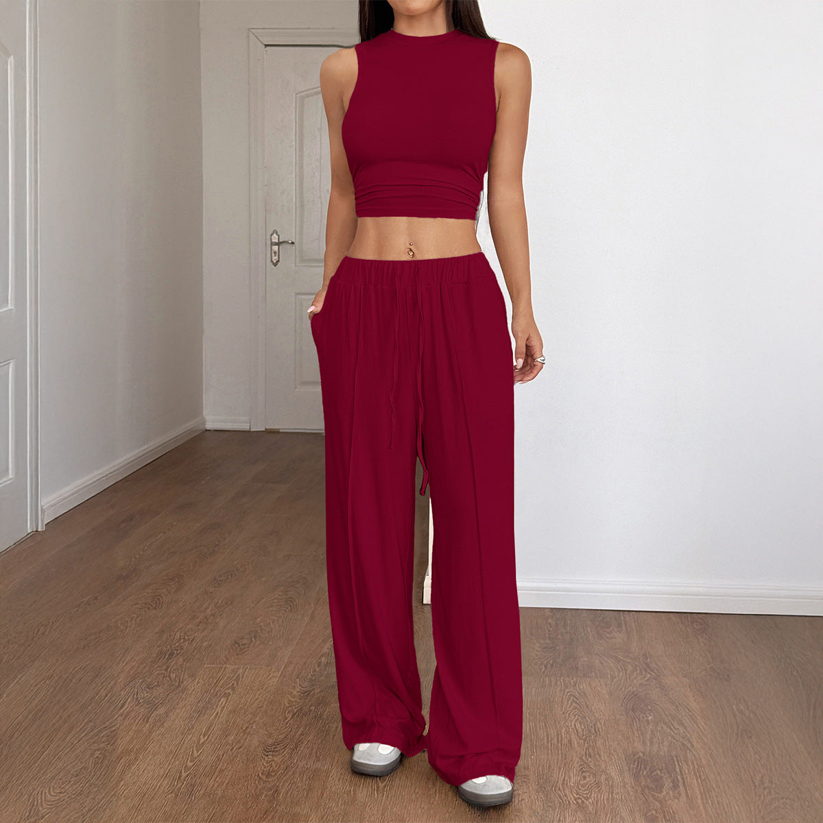 Ensemble débardeur sans manches et pantalon large en viscose tricotée