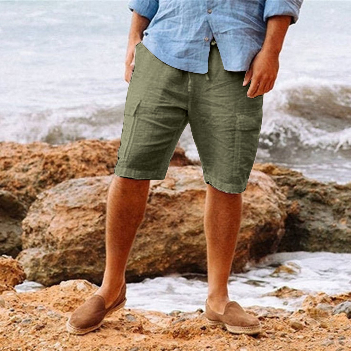 Shorts à poches multiples en coton hawaïen en lin pour hommes