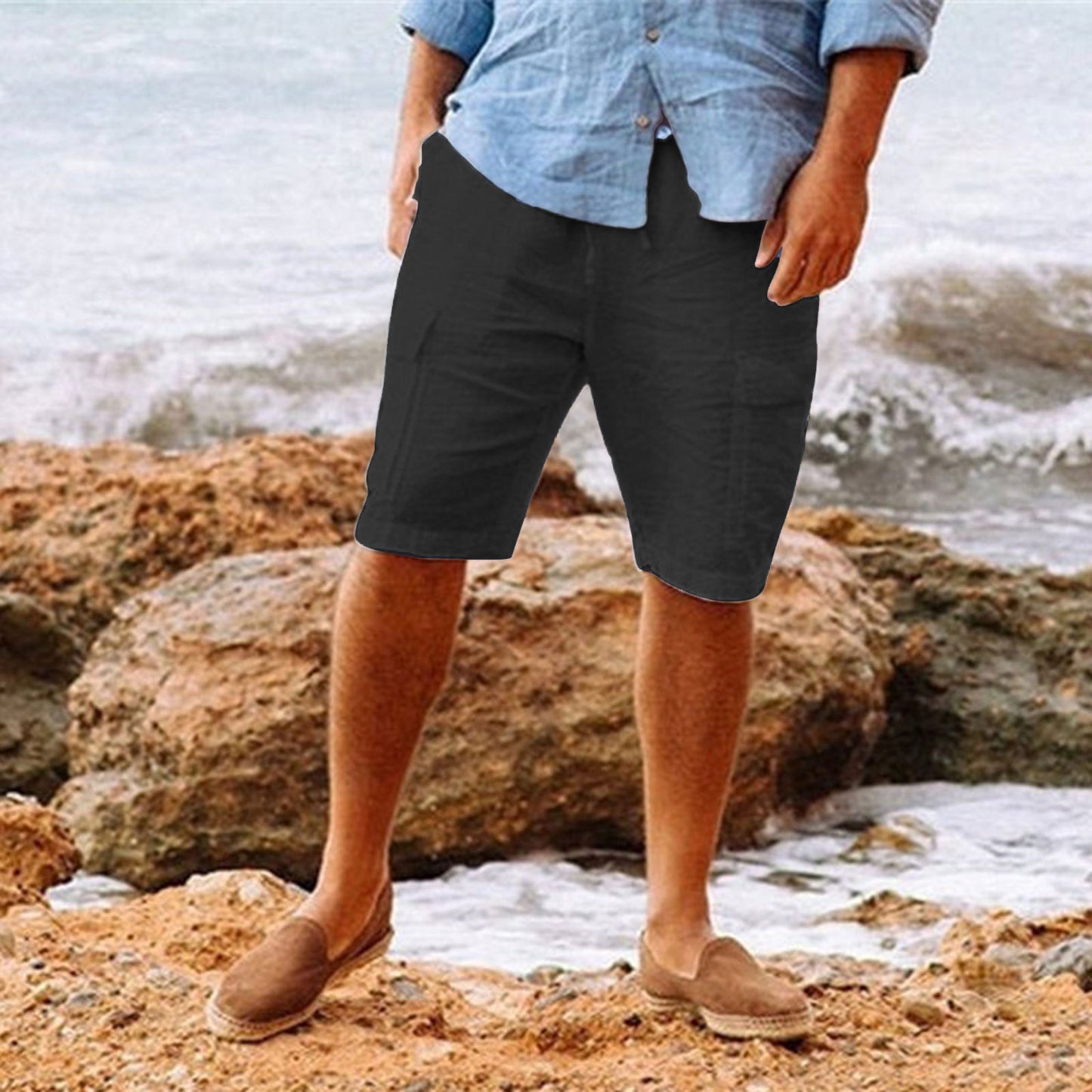 Shorts à poches multiples en coton hawaïen en lin pour hommes
