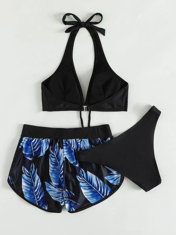 Bikini imprimé feuille 3 pièces pour femmes