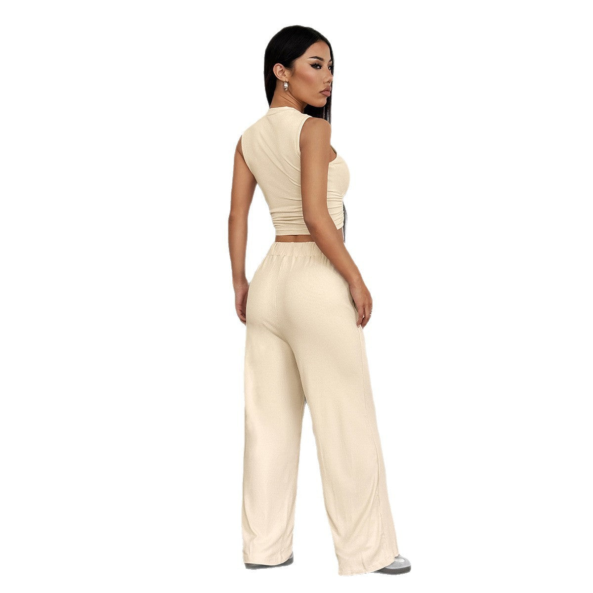 Ensemble débardeur sans manches et pantalon large en viscose tricotée