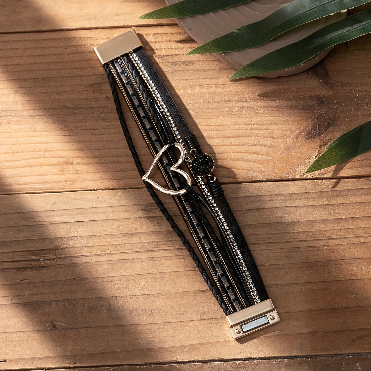 Bracelet en cuir PU noir multi-couches