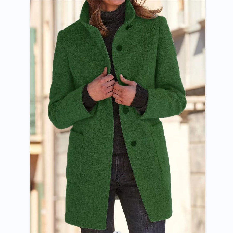 Manteau en laine élégant avec col montant et poches pratiques, parfait pour l'automne et l'hiver