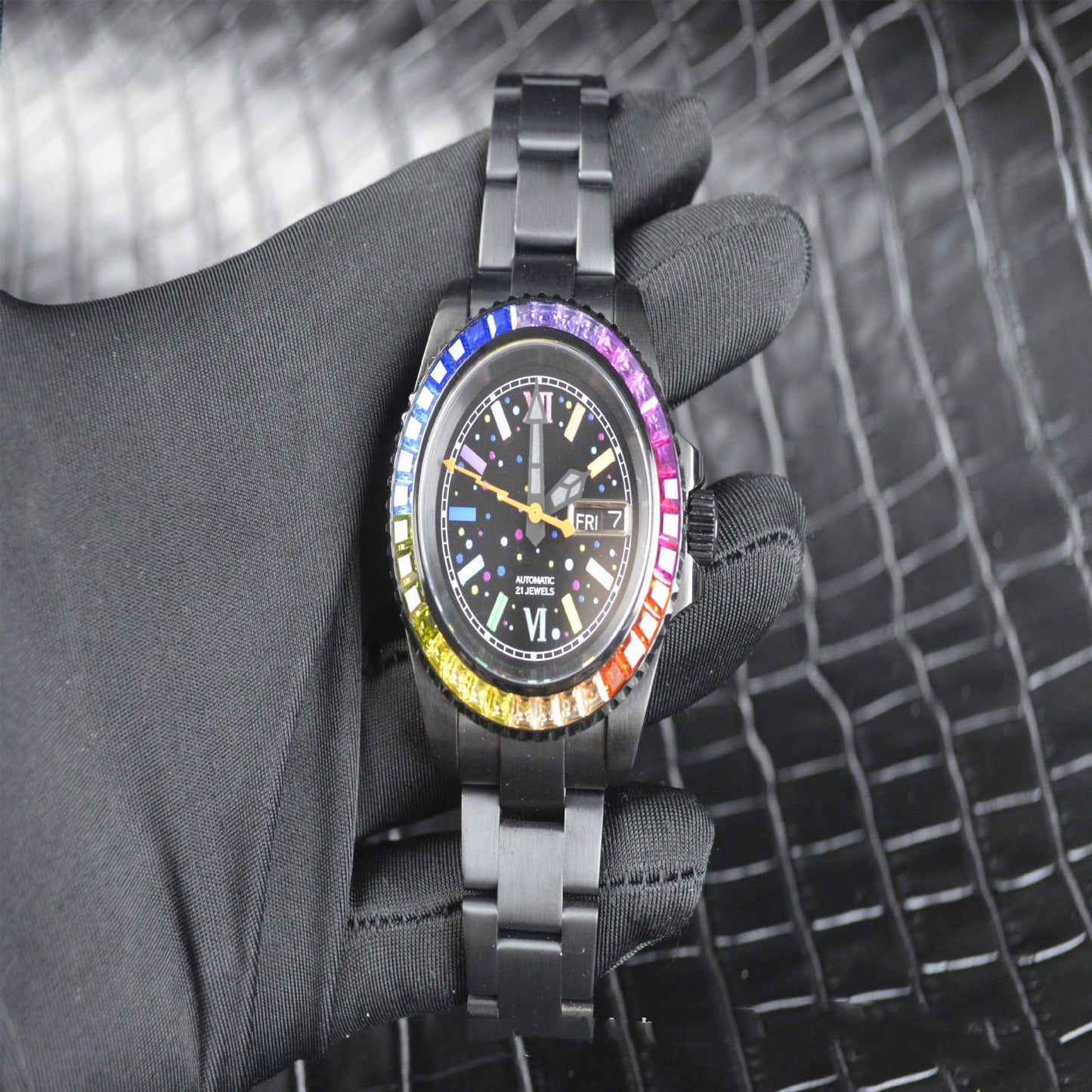 Montre mécanique entièrement automatique diamant de couleur noire en acier inoxydable