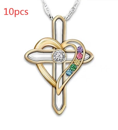 Pendentif Cross Love en alliage avec une pierre gemme colorée