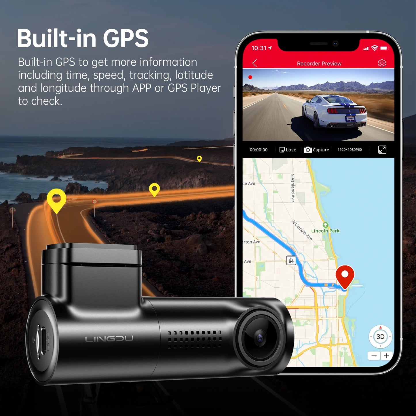 Caméra de bord LINGDU 3K D100 avec GPS intégré, enregistrement en boucle