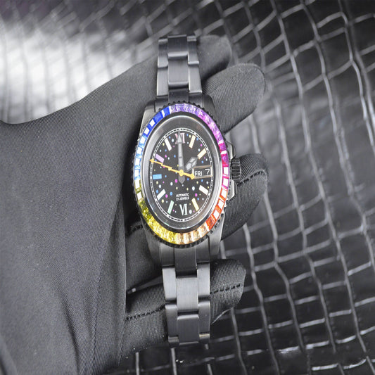 Montre mécanique entièrement automatique diamant de couleur noire en acier inoxydable
