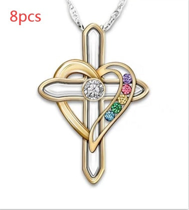Pendentif Cross Love en alliage avec une pierre gemme colorée