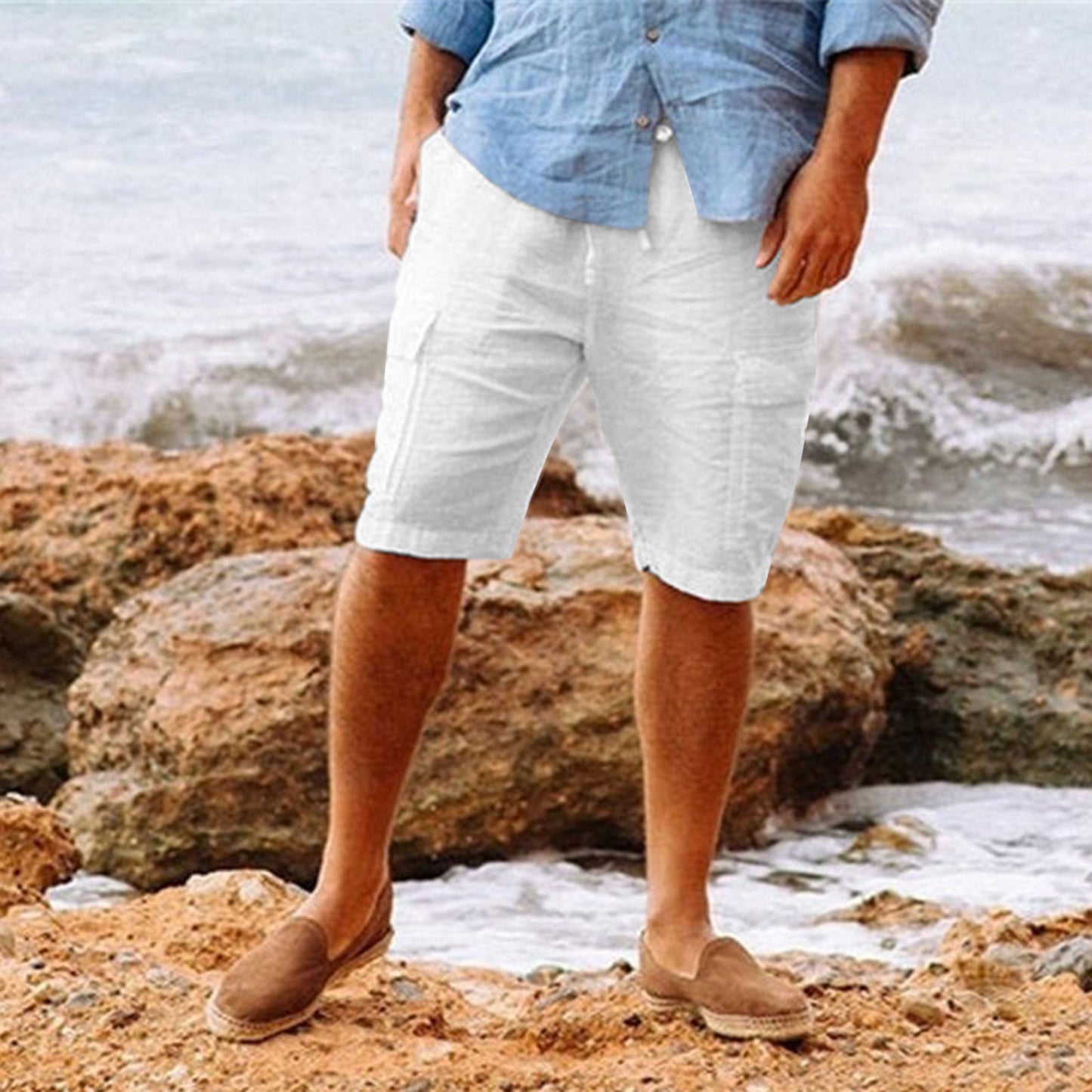 Shorts à poches multiples en coton hawaïen en lin pour hommes