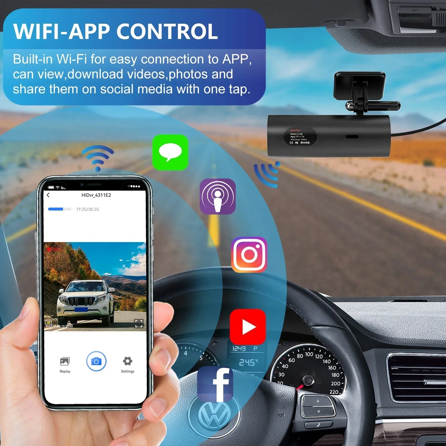 Dash Cam DVR APP Control Black  WIFI
