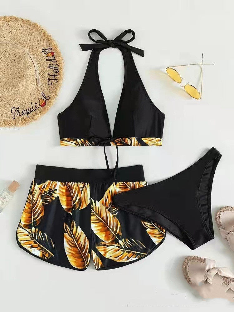 Bikini imprimé feuille 3 pièces pour femmes