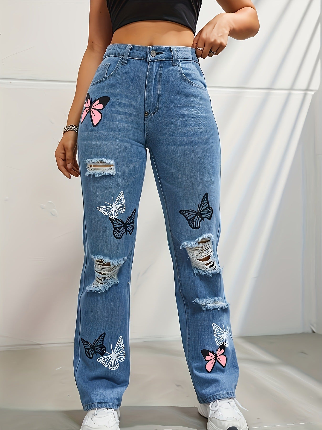 Jeans à jambes droites taille haute pour femmes, avec imprimé papillon | tendance