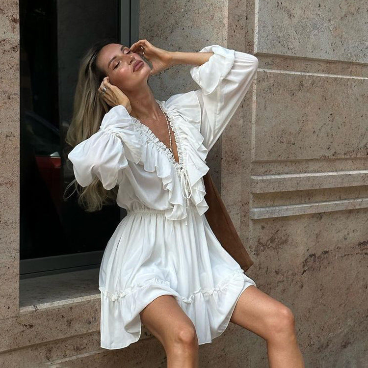 Robe à manches longues, col V pour femmes