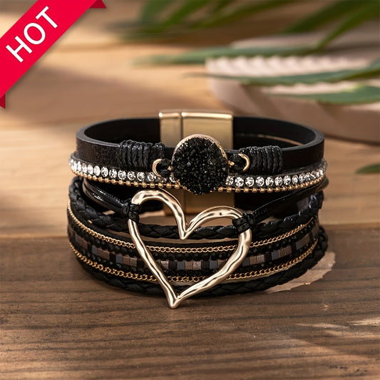 Bracelet en cuir PU noir multi-couches