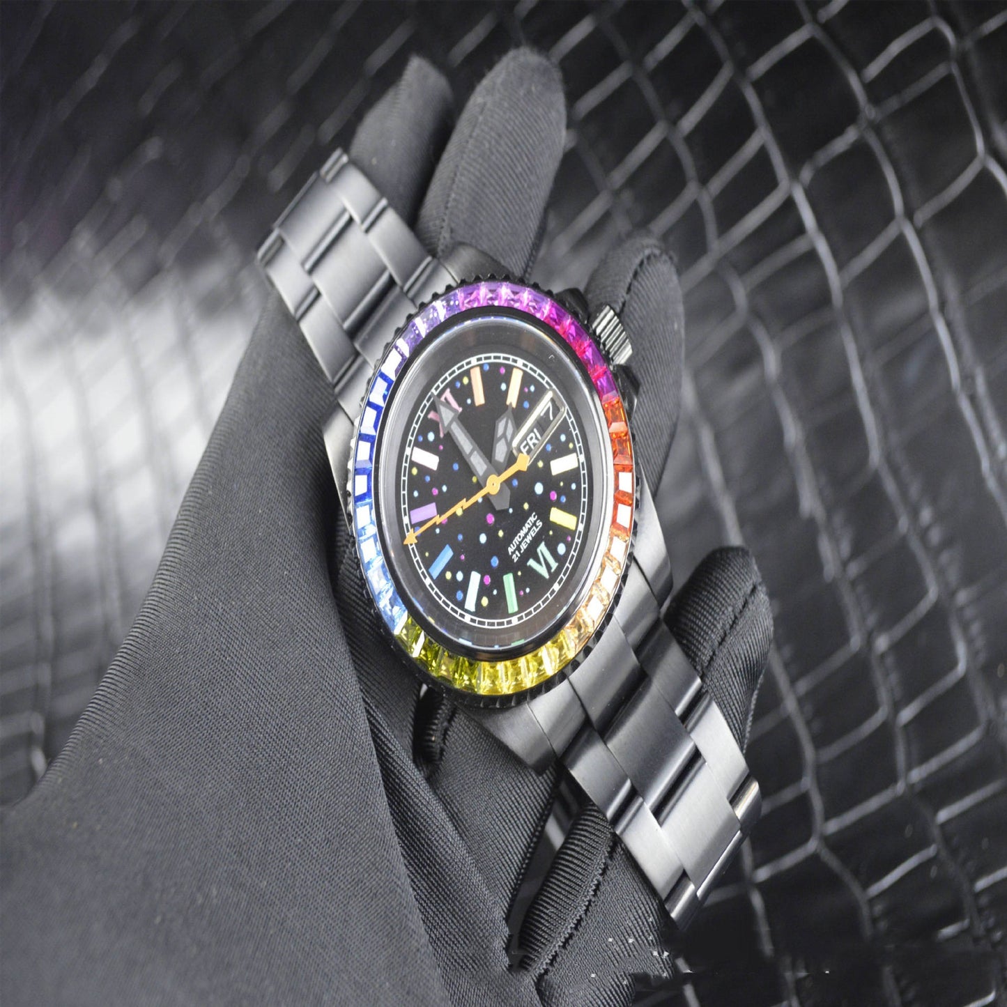 Montre mécanique entièrement automatique diamant de couleur noire en acier inoxydable