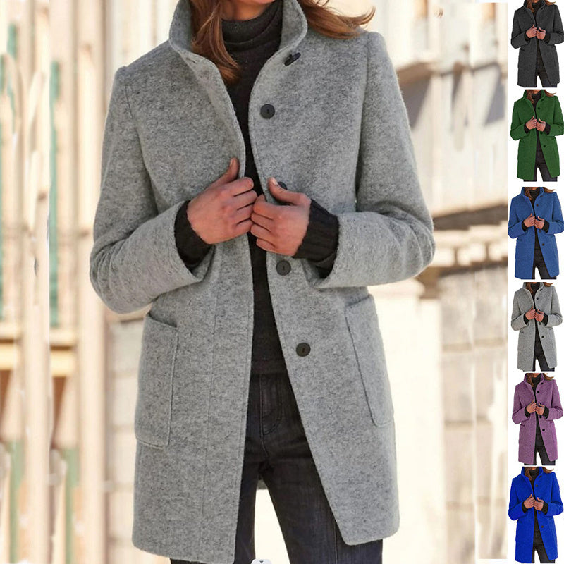 Manteau en laine élégant avec col montant et poches pratiques, parfait pour l'automne et l'hiver