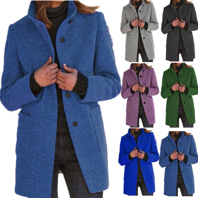 Manteau en laine élégant avec col montant et poches pratiques, parfait pour l'automne et l'hiver
