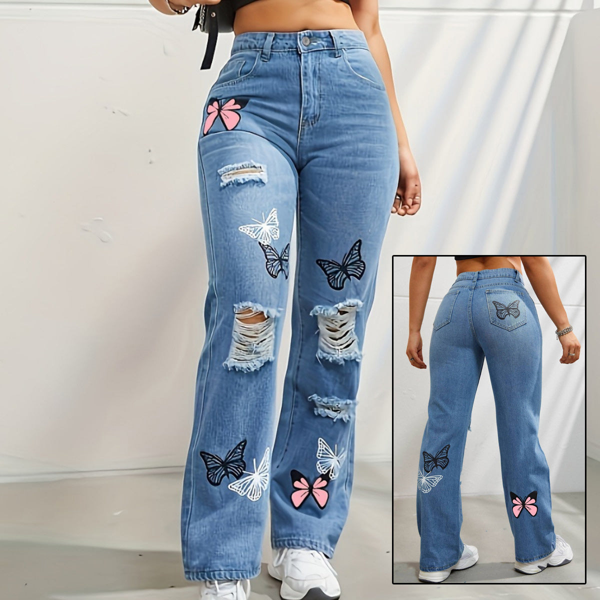 Jeans à jambes droites taille haute pour femmes, avec imprimé papillon | tendance