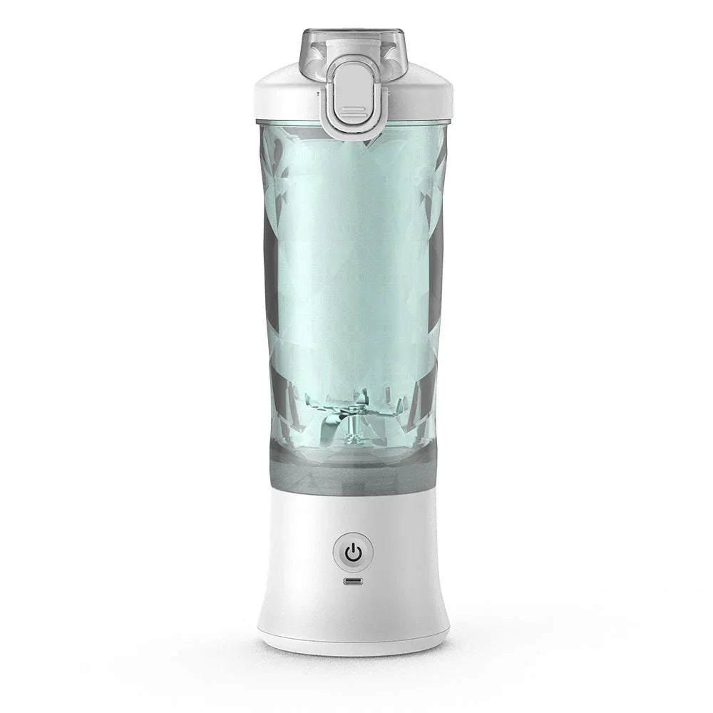 Mini blender portable blanc avec récipient transparent, bouton d'alimentation en façade