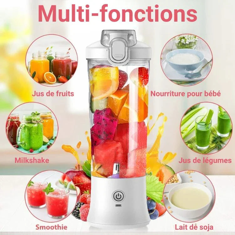 Blender portable multifonction contenant des fruits, idéal pour smoothies, jus, milkshakes et lait de soja.