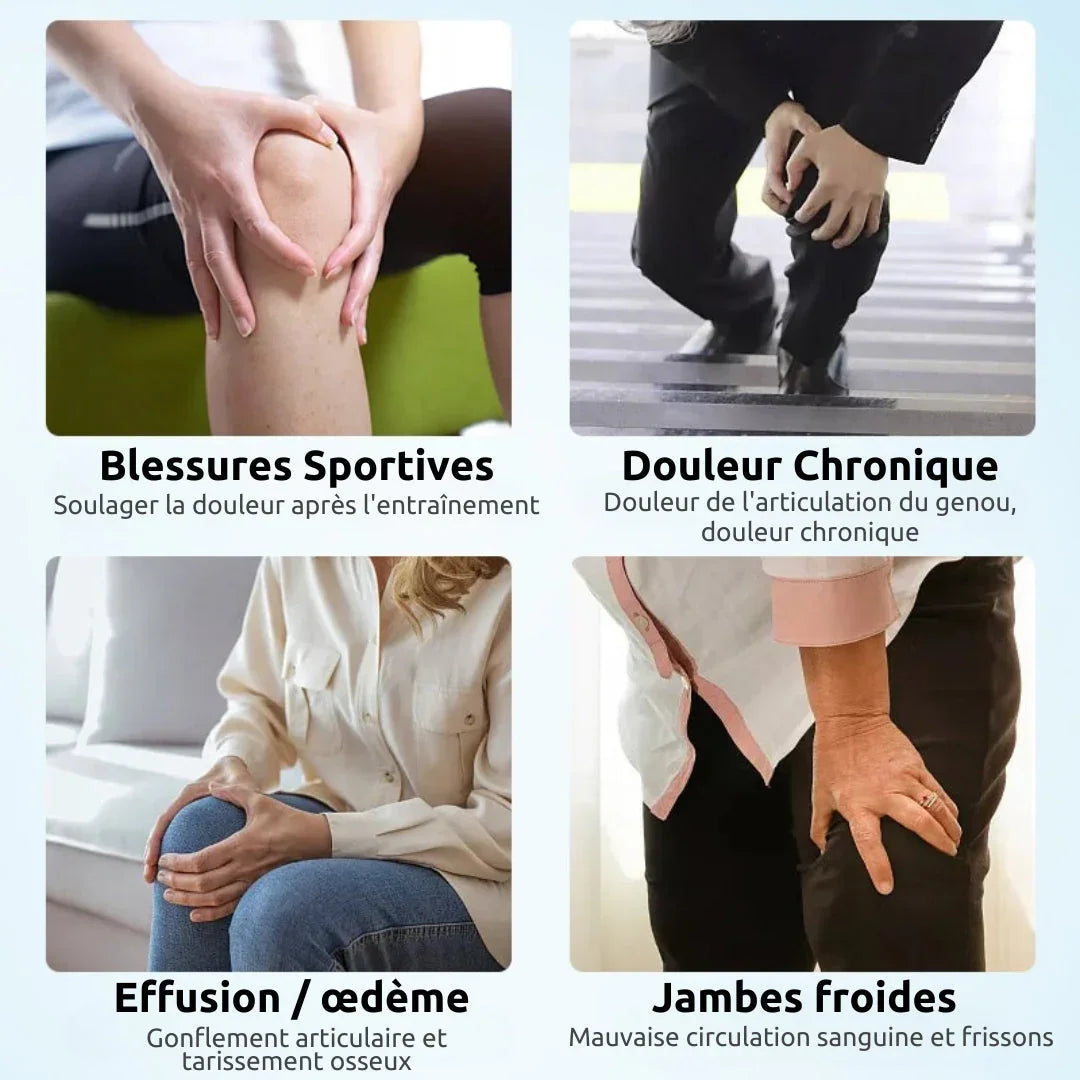 Personnes touchant leurs genoux ou jambes pour illustrer douleur articulaire, blessures, oedème et jambes froides.