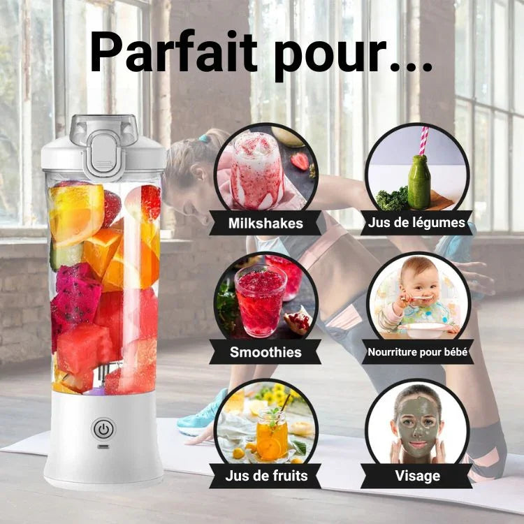 Blender portable blanc rempli de fruits, idéal pour smoothies, milkshakes, jus et purées bébé