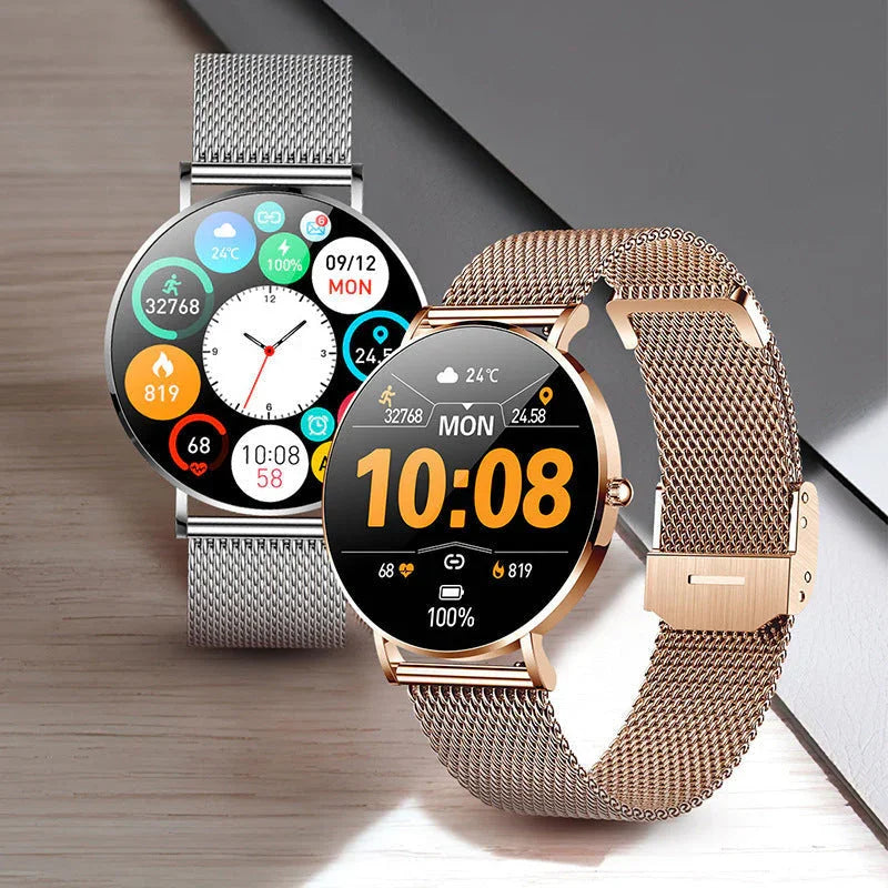 Montres connectées élégantes avec bracelets métalliques et écrans tactiles affichant l'heure et la santé.
