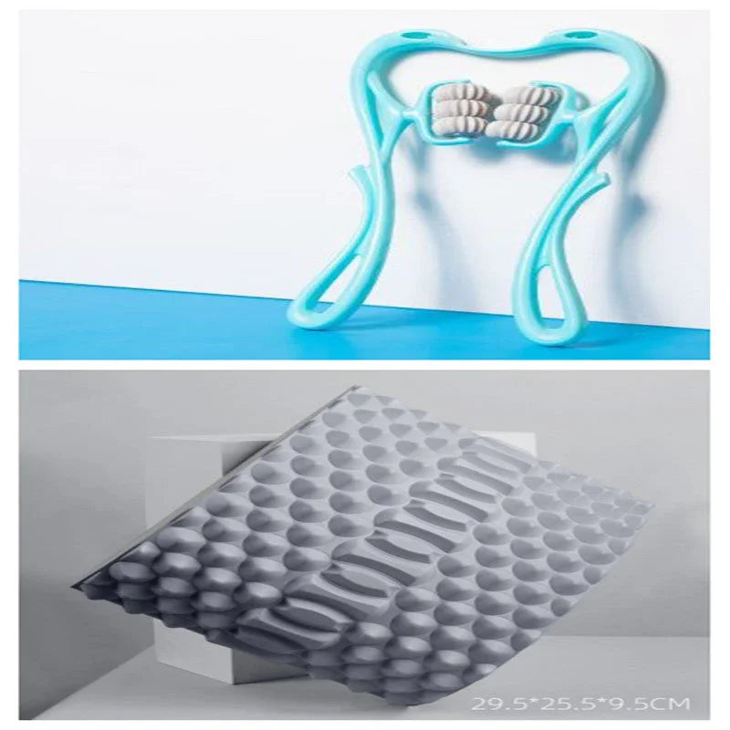 Masseur manuel bleu avec rouleaux et coussin ergonomique en mousse à reliefs pour le dos.
