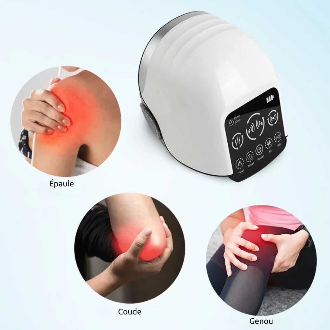 Appareil de massage blanc avec écran tactile, pour douleur épaule, coude et genou.