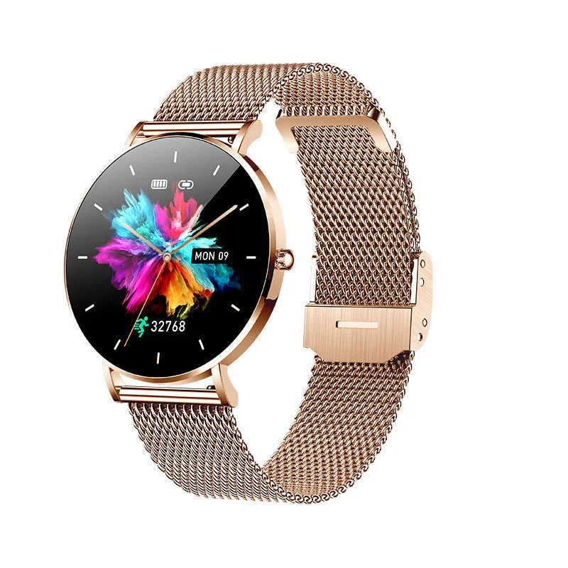 Montre connectée femme bracelet maille milanaise dorée, écran couleur, tendance