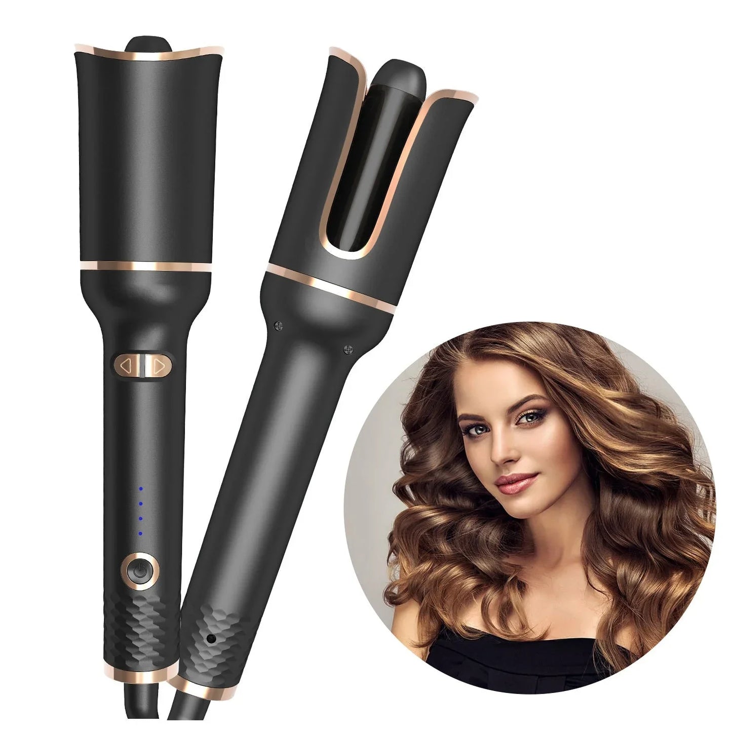 Fer à boucler automatique noir avec détails dorés, femme aux cheveux bouclés en arrière-plan