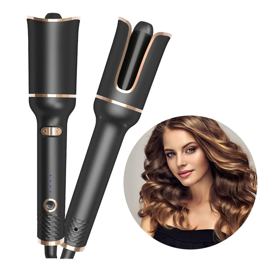 Fer à boucler automatique noir avec détails dorés, femme aux cheveux bouclés en arrière-plan