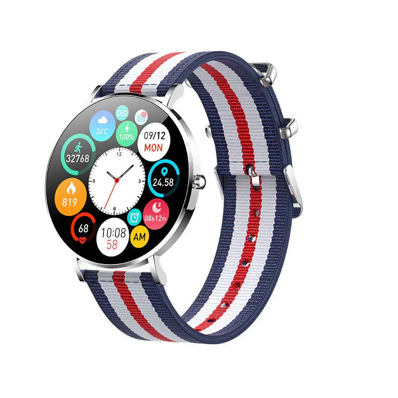 Montre connectée à écran rond, bracelet rayé bleu blanc rouge, affichage d'activité et notifications.