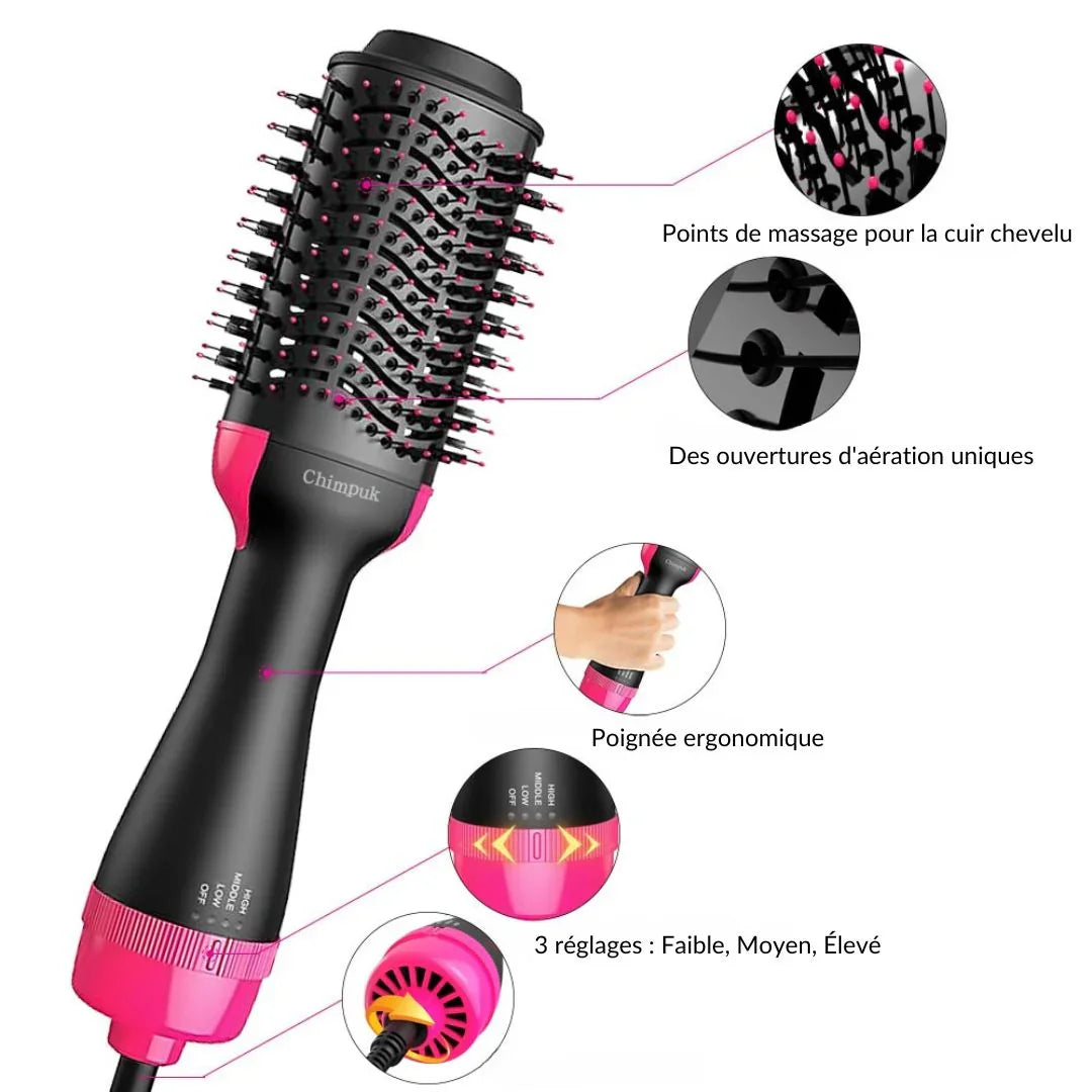 Brosse soufflante électrique noire et rose avec picots de massage, poignée ergonomique, trois réglages de chaleur.