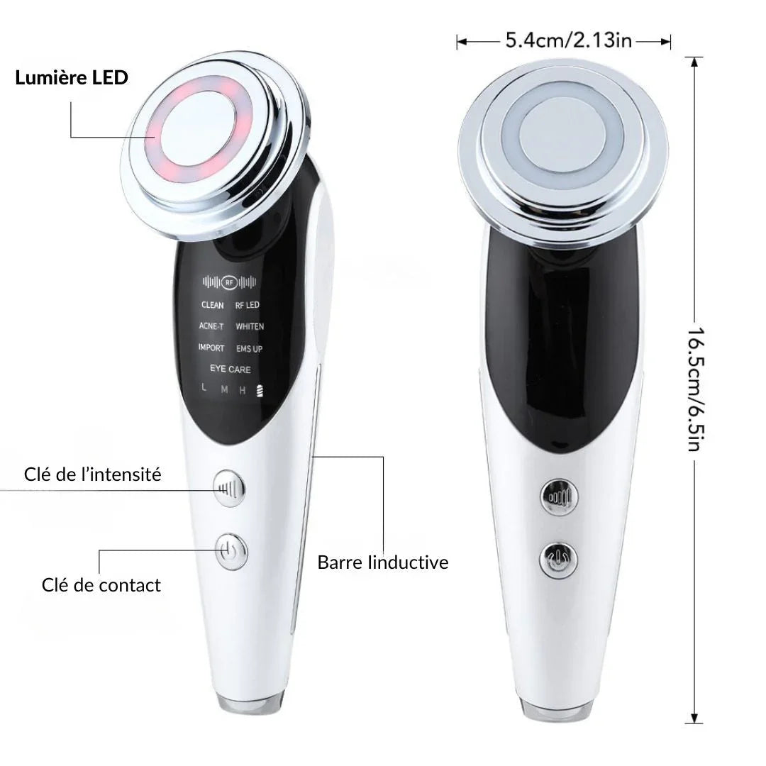 Appareil de soin visage LED multifonctions, blanc et noir, dimensions indiquées, boutons et lumière.