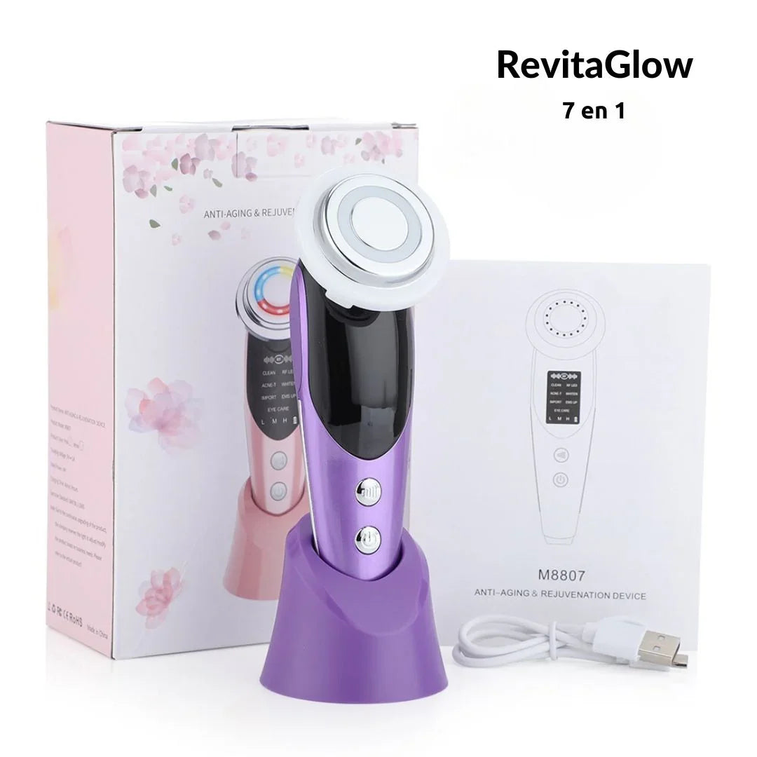 Appareil de soin visage anti-âge 7 en 1 violet avec socle, boîte et câble USB.