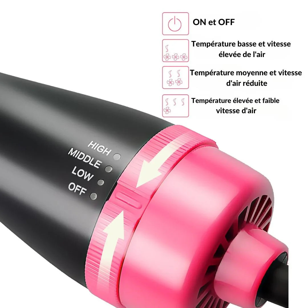 Gros plan sur sèche-cheveux brosse soufflante noir et rose, réglages de vitesse et température visibles.