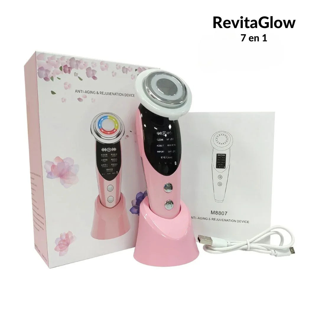 Appareil de soin visage anti-âge rose, 7 en 1, avec boîte, support et câble USB.