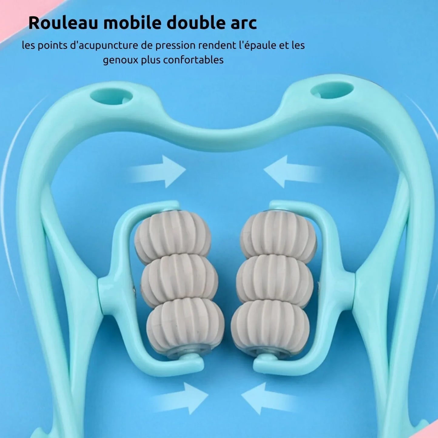 Rouleau de massage double arc bleu avec roulettes grises pour détente musculaire.