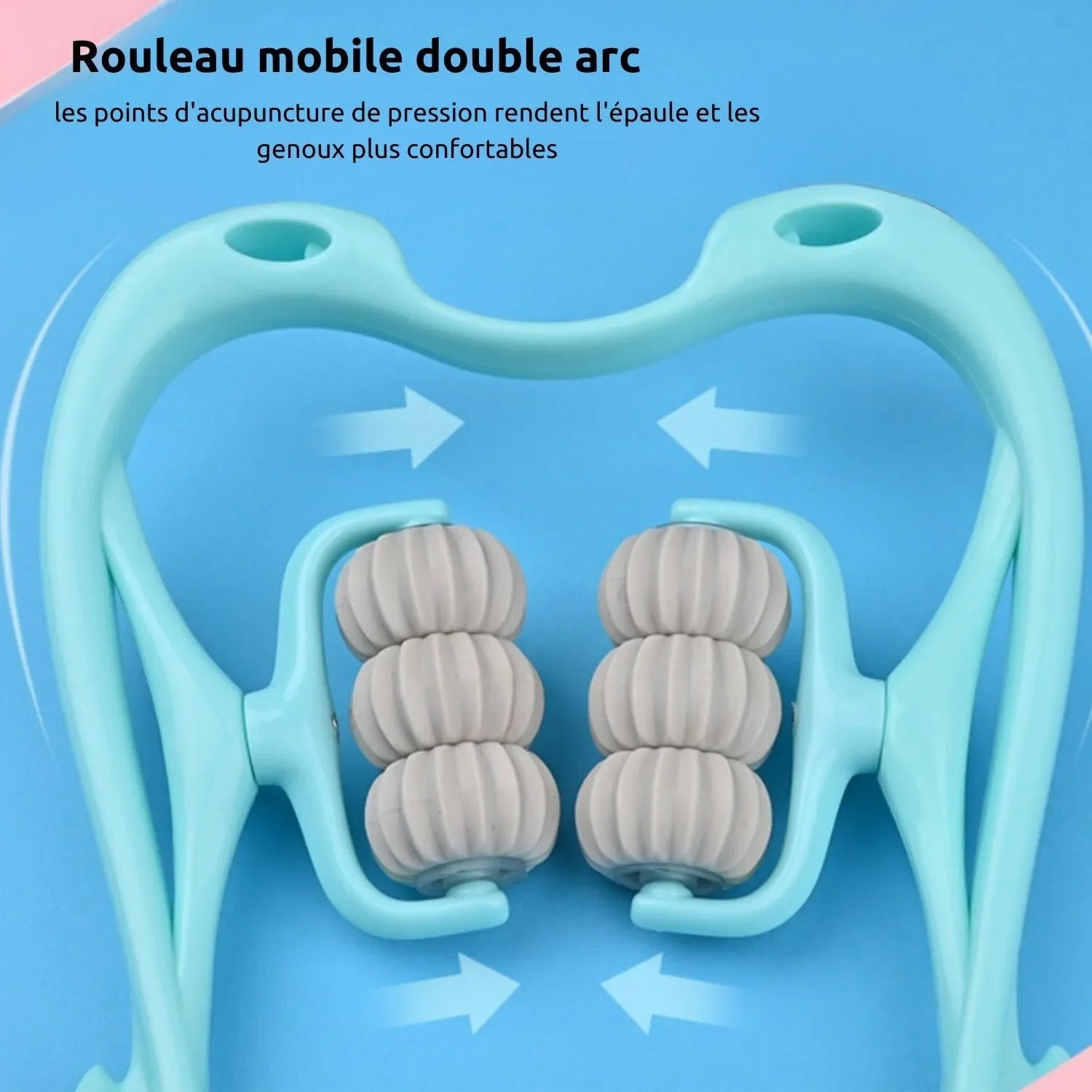 Rouleau de massage double arc bleu avec roulettes grises pour détente musculaire.