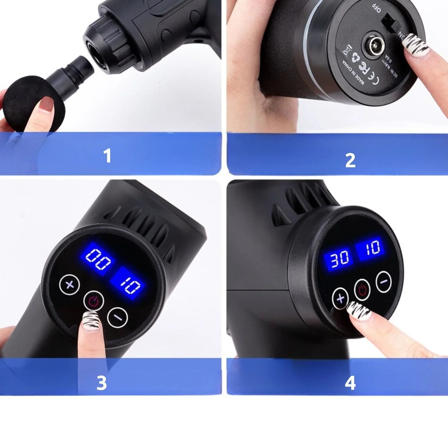 Étapes d'utilisation d'un pistolet de massage noir avec écran digital et boutons tactiles, gros plans détaillés.
