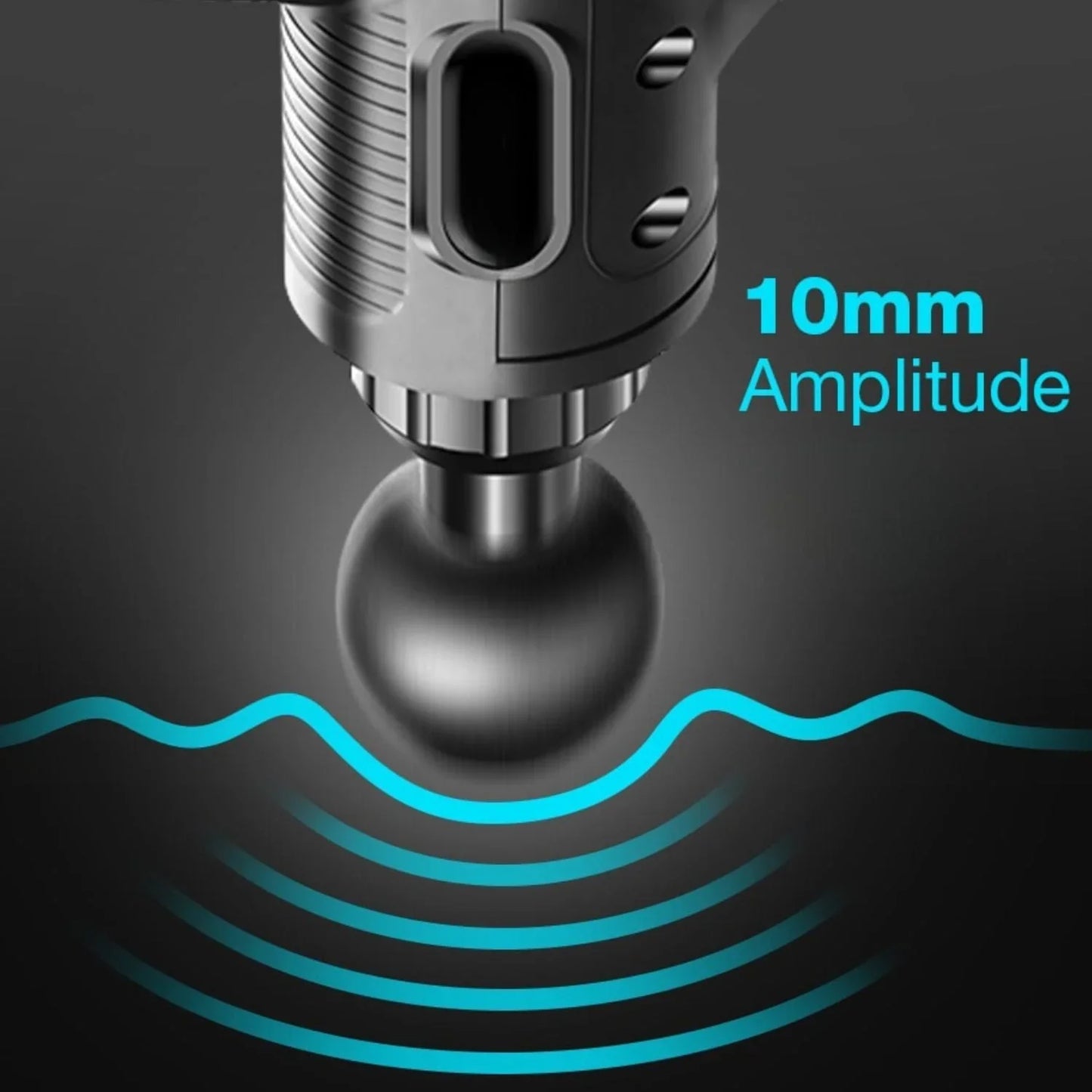 Pistolet de massage noir avec embout rond, amplitude de 10 mm annoncée, fond sombre.