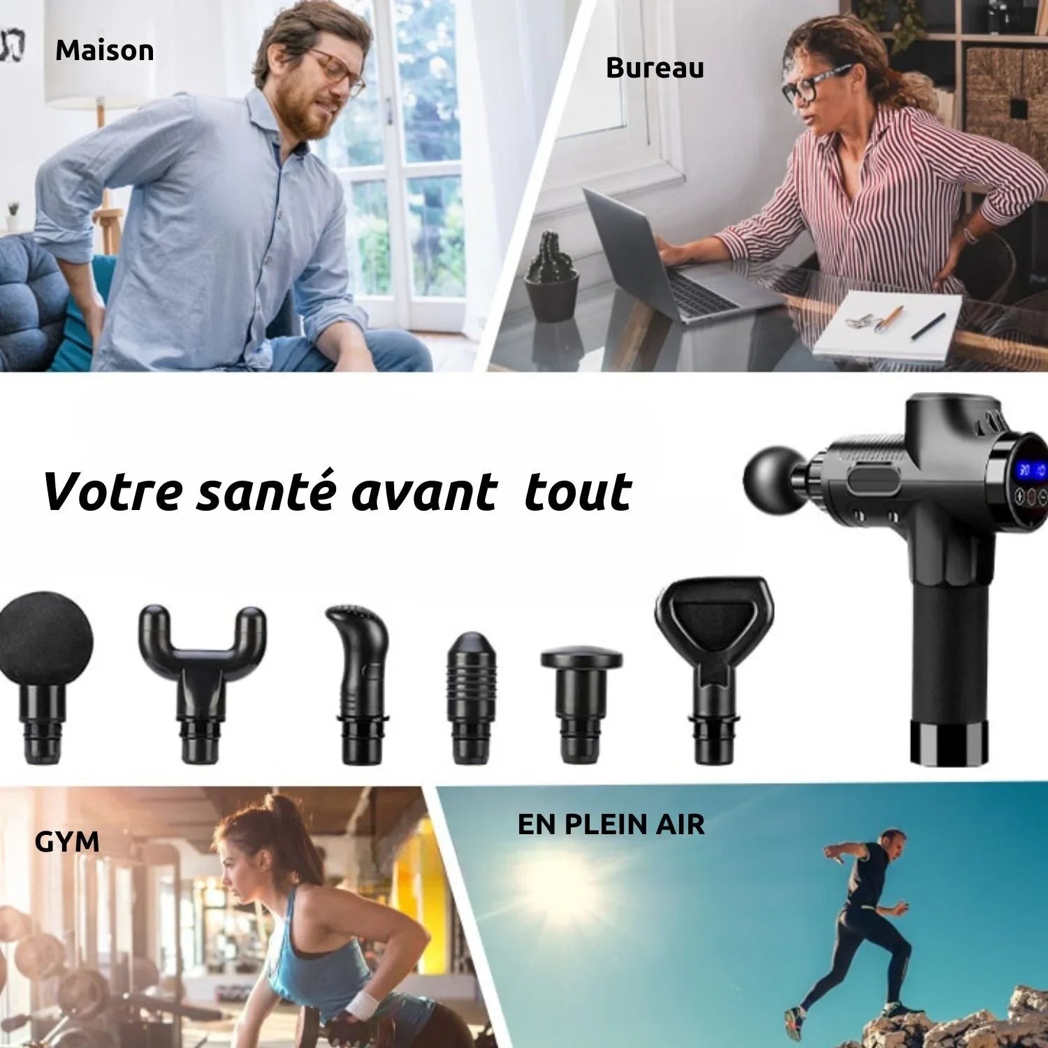 Pistolet de massage musculaire avec embouts, utilisé à la maison, bureau, gym et plein air.