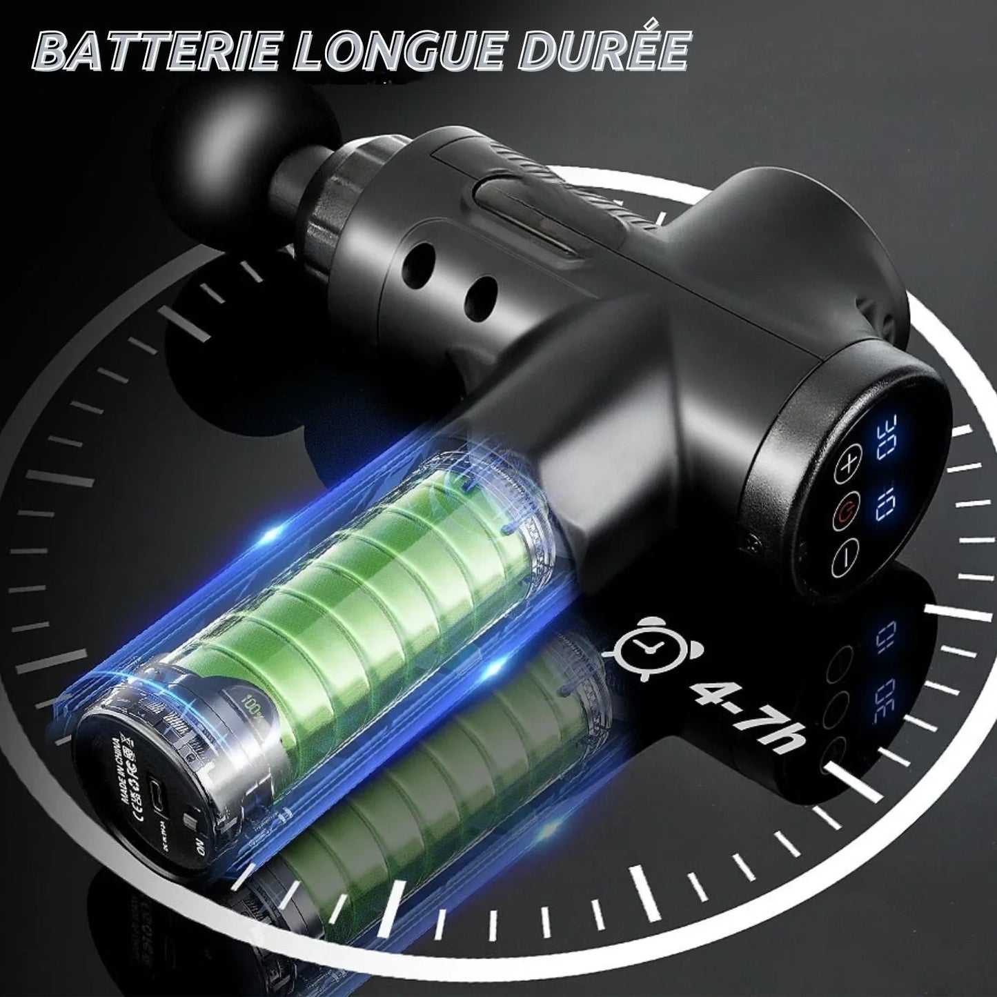 Pistolet de massage noir avec batterie longue durée, affichage LED, autonomie 4 à 7h