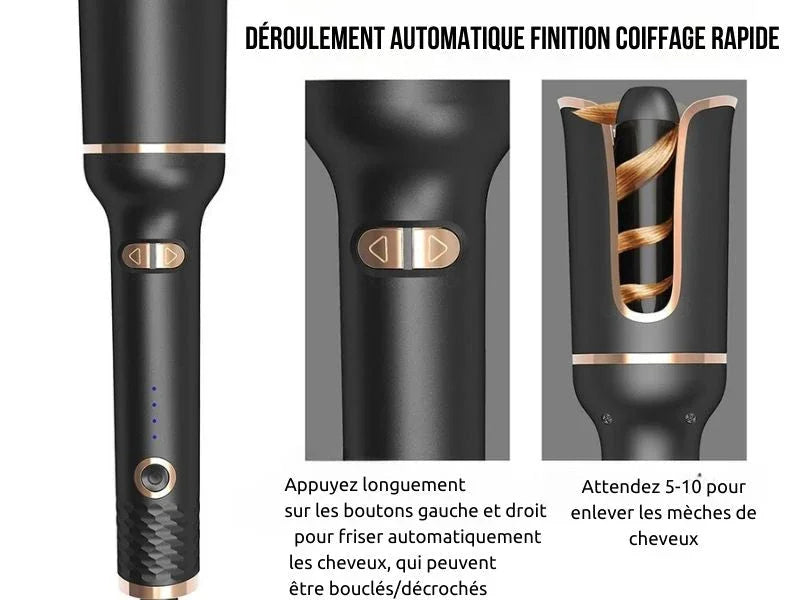 Fer à boucler automatique noir et or avec boutons pour coiffure rapide, mèche de cheveux insérée.