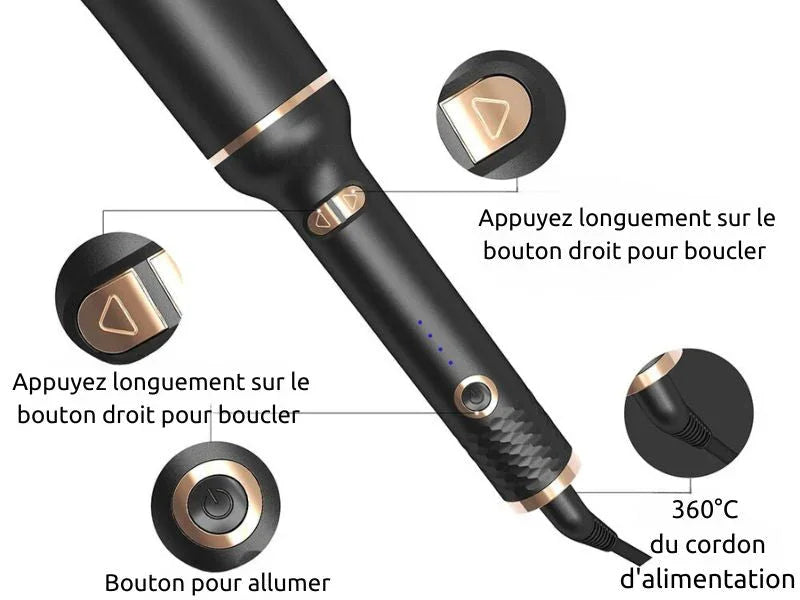 Fer à boucler électrique noir avec boutons dorés, affichage LED et cordon rotatif 360°.