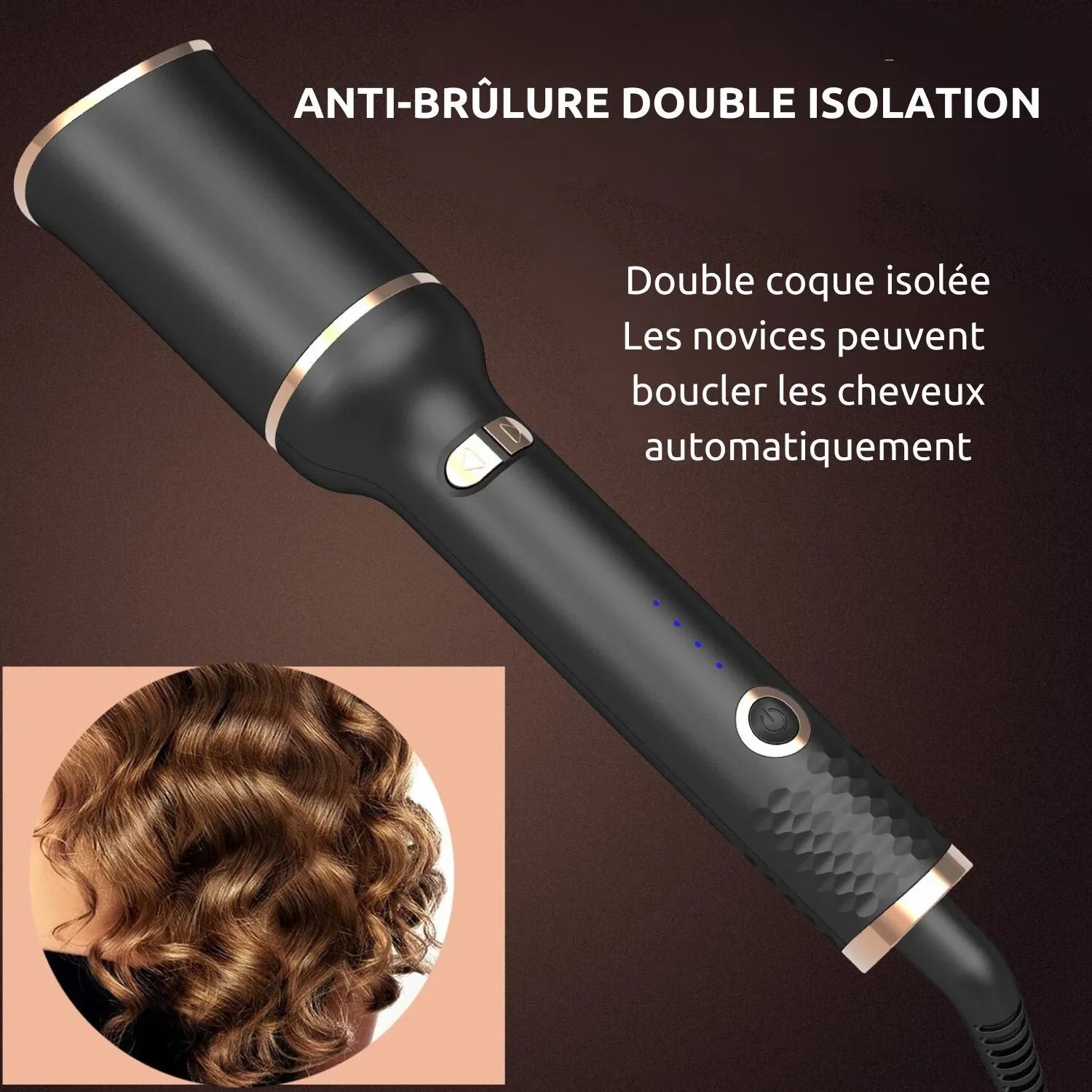 Fer à boucler automatique noir double isolation, boucle des cheveux facilement, anti-brûlure.